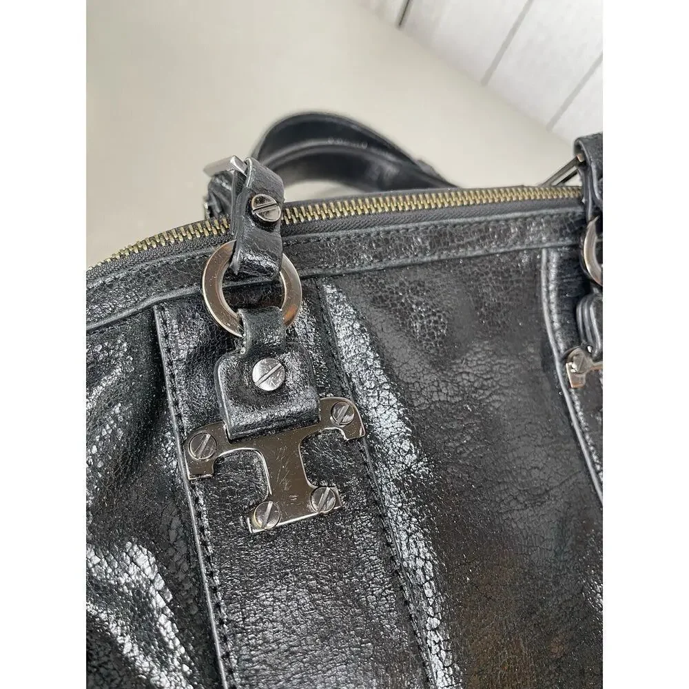 Tory Burch Black Sheen Crackle Leather Top Handle Bag Chunky Hardware Y2K